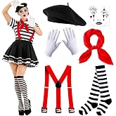 Pantomime Costume for Women and Men, Mimo Costumes Accessories with Beret, Red Scarf, Black and White Striped Tights, White G