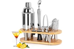 FoiiLiio Juego de coctelería de 12 piezas de 750 ml con accesorios de bar para cócteles, de acero inoxidable, con soporte de bambú para el hogar, coctelera