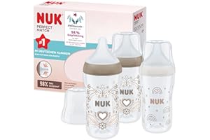 NUK Perfect Match Babyflaschenset | Ab 3 Monate | Passt sich dem Baby an | Temperature Control | Anti-Colic | 260 ml | BPA-frei | Silikontrinksauger, Medium | Regenbogen und Herz | 3 Stück