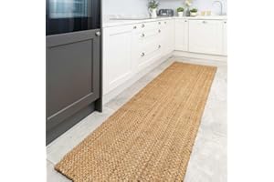 THE RUG HOUSE Sustainable Grey Blue Cotton Border Herringbone Natural Jute Long Rug Durable Flatweave Mat Sisal Stair Runner Entrance Kitchen Hallway Carpet Rugs 60cm x 800cm