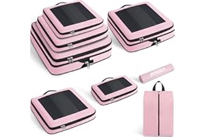 Prezon Kompresyjne kostki do pakowania, ulepszone okienko z siatki, widoczne i przenośne, rozszerzalne organizery bagażu podróżnego, Zestaw 8 sztuk, różowy, 8 Set, Kwadratowa siatka