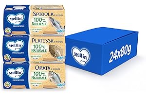 Mellin 12 Omogeneizzati Pesce con Verdure, 100% Naturale, 8 x 80 g Platessa, 8 x 80 g Orata e 8x 80 g Spigola - 24 Vasetti x 80 g