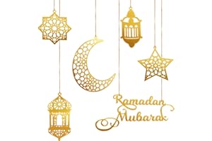 PEUTIER 6pcs Ramadan Ornaments, Acrylic Ramadan Kareem Decoration Eid Mubarak Pendant Wind Light Moon Star Shaped Ramadan Decor for Hanging on Walls Windows Trees (Golden)