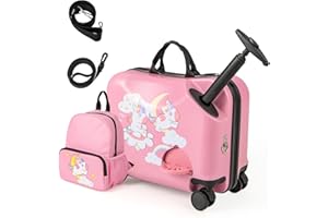 DREAMADE Valise Enfant à roulettes 18" et Sac à Dos 12" avec Repose-Pieds&Coque Rigide,Bagage à Main Enfant 3+Ans avec Bandoulière Réglable pour Fille et Garçon，Charge 50KG+8KG (Licorne+Lune)