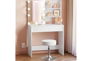 WOLTU Postazione Trucco con Luce, Specchio Regolabili, Sgabello, Regolabile e Girevole, Scrivania Trucco con Cassetto e Ripiani Aperti, Mobile Trucco Bianco, MB6113ws