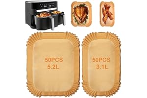 BREEZO Papier Cuisson Air Fryer pour Moulinex Tefal EZ901820 5,2/3,1L, 100 Pièces Papier Sulfurisé pour Air Fryer Philips Airfryer Série 3000, Accessoires pour Friteuses Lakeland Tower Salter