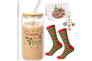 BOOAEE Bicchieri di Natale, 4 pezzi, con coperchio e cannuccia, biglietti di invito, portachiavi, calze di Natale, per caffè freddo, birra, cocktail
