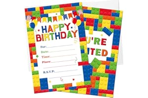 Nezyo 30 Pack Birthday Party Invitations with Envelopes Bulk Colorful Building Block Party Invitation Kids Stacking Bricks Invite Card Set for Girls Boy Decorations Supplies(60 Pieces,Building Block)