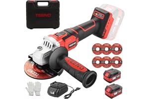 TEENO Cordless Angle Grinder 21V, No Load Speed 9800 RPM (Grinding/Cutting Disc Diameter: 125 mm), Incl. 2 x 3.0Ah Batteries, 2-Position Adjustable Auxiliary Handle
