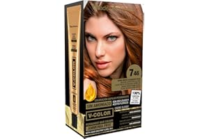 Thader Th Pharma V-Color Kit de Tinte permanente Sin Amoniaco con Oro Líquido 100% Cobertura de canas, 120 ml (No. 7.46 Rubio medio acobrado rojo)