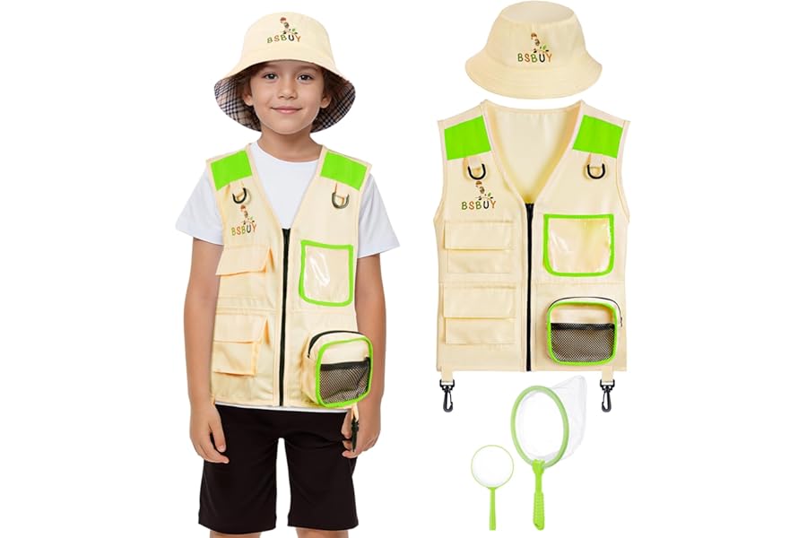 BSBUY Kids Explorer Kit Outdoor Adventure Set, 4PCS Kids Explorer Costume Kit Bug Hunting Costume Hat Vest, Outdoor Educational Kit Outdoor Camping Adventure Dress Outfits for Dress up and Role Play