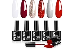 MEFA Smalto Semipermanente Unghie, Rosso Bianco Glittero 6 Colori Smalti Semipermanenti per Unghie, Soak-Off UV Gel per Natale Nail Art Smalto Gel Professionali Kit