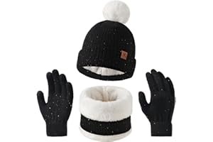 outfit spring Cappello a Maglia Bambini, Inverno Berretto Sciarpa Guanti Set, Morbida Beanie Lavorato con Pompom Soffice Caldo Scaldacollo Guanto Fodera in Pile 3 Pezzi per Ragazzi Ragazze 5-8 Anni