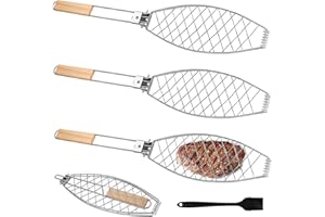 GOMETY Soportes para barbacoa y pescado de madera y metal, asador grande, espátula, pinzas para barbacoa, 63 x 12 cm