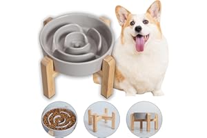 PTOBER Comedero para Perro Antivoracidad de Cerámica Elevado - Cuenco Lento con Soporte de Bambú - Bol Laberinto para Perros Pequeños y Medianos - Gris - 17 cm