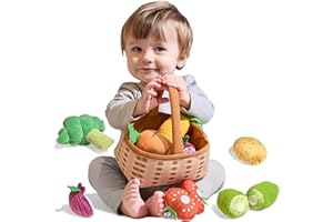 TUMAMA KIDS TUMAMA akcesoria do sklepu z owocami i warzywami, zestaw zabawkowy, do kuchni dziecięcej, pluszowy koszyk na zakupy, kuchnia do zabawy z ogórkiem, pomidorem, marchewką, ziemniakami, brokułami