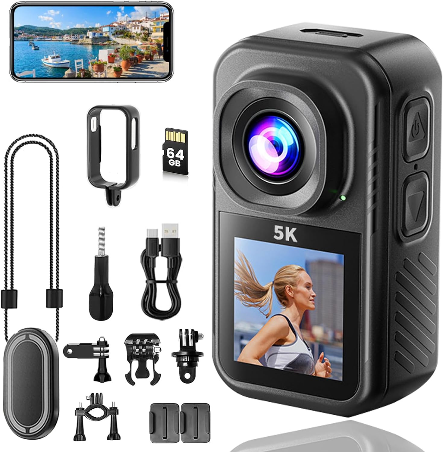 BAKENLON - Cámara deportiva 5K, cámara de acción WiFi 120°, cámara corporal impermeable magnética, cámara de casco para moto y bicicleta, mini cámara deportiva para ciclismo, vlogging y viajes