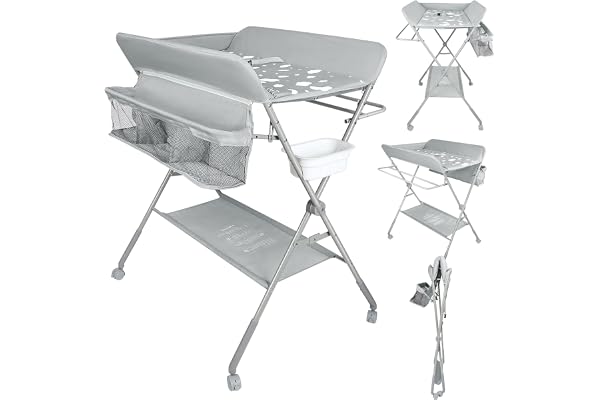 OHMG Table à Langer Pliable avec paniers et Matelas à Langer pour bébé,Table à Langer à roulettes avec Panier de Rangement Positions Structure en Fer pour Nouveaux-Nés (F-Gris Clair)