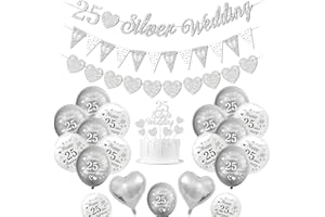 KISPATTI Silver Wedding Decorations, 25th Wedding Anniversary Decorations Happy 25th Anniversary Balloons Silver White Balloons Heart Balloon Banner Cake Topper
