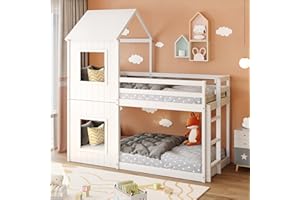 Moimhear 90x200cm Kinderbett Etagenbett Hausbett, Bodentief, mit Leiter & Baldachin (Weiß)