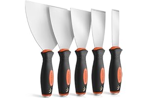 KapStrom 5-Pc Scraper Set, Flexible & Rigid Scrapers w/Ergonomic Handles for Plastering & Drywall Putty Filling, Stainless Steel Spatula Knife Set for Wallpaper Scraping & Finishing