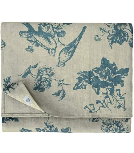 Tischdecke Aus 100% Leinen Damast – 147x250 Cm, Hellblau/beige, Klassisches Blumenmuster, Für Esszimmer & Wohnzimmer