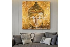 HWNU Wandkunst Bilder Leinwand Gemälde Gold Buddha Kopf auf Leinwand Wohnkultur Wandposter Buddha Drucke für Wohnzimmer Wanddekoration Rahmenlos (no Frame 60x60cm)
