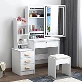 Makeup Vanity with LED Light and Stool, White Dressing Table with Mirror, Modern Style, Makeup Table with Open Shelves and 4