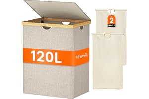 Lifewit 120 L tvättkorg med lock, 2 fack, bamburam, beige | 2 avtagbara foder, tvättkorg, tvättkorg för smutsiga kläder, tvät