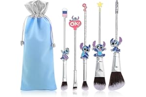 WECHIP [5 Pcs] Stitch Makeup Brush Set, Lilo and Stitch Gifts Cosmetic Brushes for powder eyeshadow blushes lips, Portable Kawaii Makeup Brush Set, Stitch Gifts for Girl Women