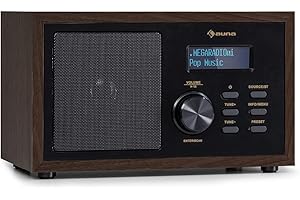 auna Ambient - Radio DAB+/FM, Streaming Bluetooth: Versione 5.0 con Supporto A2DP, Radio: DAB/DAB+/FM, Display LCD, AUX-In, Connessione Cuffie, Effetto Legno, Marrone Scuro