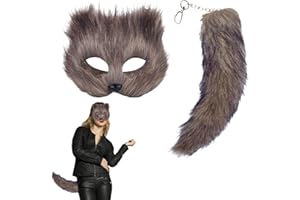 Enjoyaa Cat Mask and Plush Faux Fur Tail,Furry Fox Mask with 30cm Long Fox Tail Cosplay Party Animal Costume Dress Up Party Carnival Costume Prop for Adult Kids Halloween Dress Up