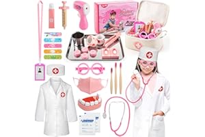 Tigerhu 32 Pièces Malette Docteur Enfant Jouet avec Déguisement de Docteur, Kit Medecin Outils Stetoscope, Rôle Jouets du Docteur pour Fille Garcon Enfants, Rose