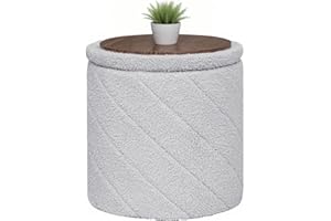 Bonlife Round Ottoman Stool with Storage, Folding Footstool with Lid,Boucle Vanity Stool for Living Room,Bedroom,Entryway,Grey,33x33x35cm