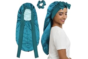 SENGTERM Long Bonnet Satin Cheveux Nuit - Couche Double Bonnet en Soie pour Femmes aille de tête Ajustable Bonnet de Nuit pour Cheveux bouclés