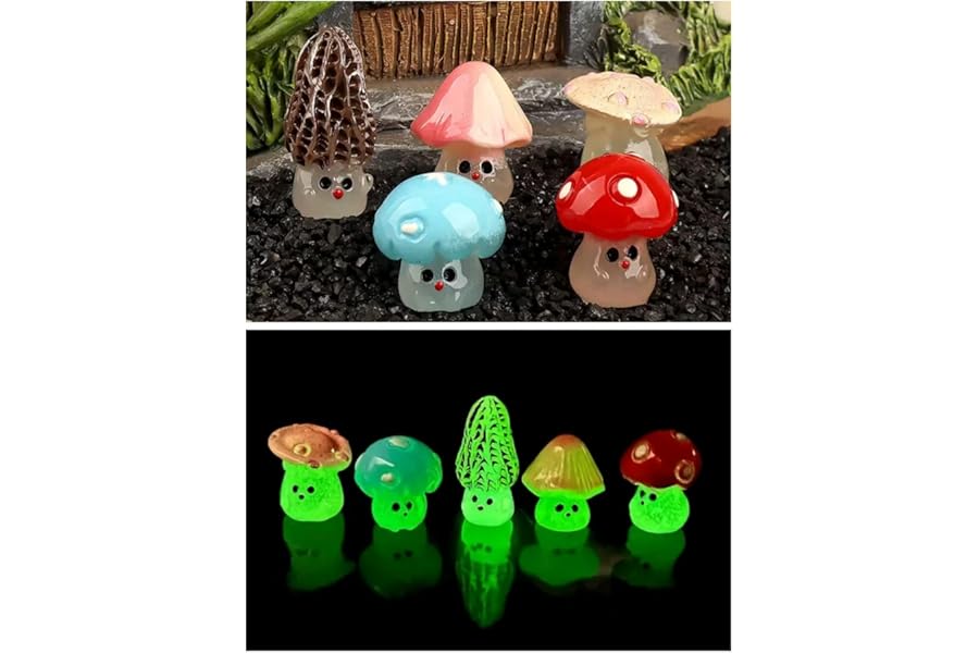 5pcs Glow in The Dark Mushroom Miniatures, Resin Fairy Garden Accessories, Luminous Mushroom Figurines for Micro Landscape, Terrarium Decor, DIY Crafts, Mini Garden Decoration, Home Holiday Decor