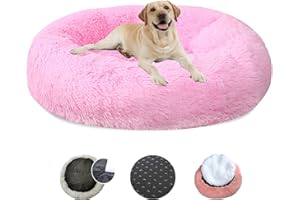 LRHRHR Panier pour Chien Dehoussable, Coussin Chien Anti Stress Lit Moelleux Apaisant Chat Lavable, Coussin Donut pour Chats et Chiens- Bright Pink||Ø60cm/24in