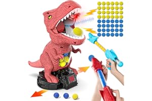 PROTADO Dinosaur Shooting Toy for Boys Girls, Movable Target Shooting Games with 2 Air Pump Launcher, 48 Foam Balls, LED Score Record, Spray Effect & Sound, Competition Game Gift for Kids 5 6+ (Red)