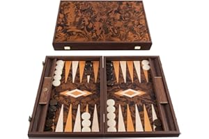 UBER GAMES Manopoulos Californian Walnut Burl Luxury Backgammon Set with side racks & accessories - 19 inch x 12 inch (48cm x 30cm) Closed) – Classic Strategy Board game – Suitable for serious players