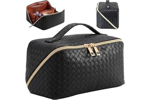 EECH Kosmetiktasche Reise Damen,Make Up Tasche mit Groß Kapazität,PU Leder Portable Schminktasche Kulturtasche Organizer,Beauty Case für Reisezubehör Travel Essentials Women(Gewebt-Schwarz)