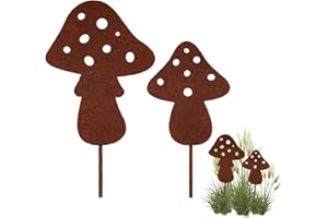 Ellxen 2pcs Gartenstecker Rost Deko mit Rostige Pilze,Metall Dekofigur Gartenfigur Rostfigur,deko rostoptik,Rostfigur Gartenstecker Set für Holz Zaunfiguren Gartendekoration