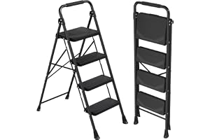 SONGMICS Trappstege, Hopfällbar med 4 Steg, 150 kg, Stål | Halkfri med Handtag för Hem, 123,4 x 40,5 x 6,5 cm, Svart, BRODY Kollektion GSL304BZ01