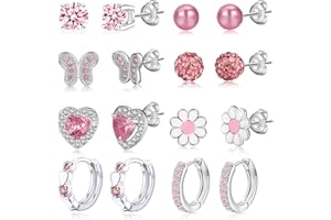 RANKEEF 6-8Paare 925 Sterling Silber Ohrringe für Mädchen Damen Hypoallergene Ohrringe Tiny Herz Hoop Ohrringe CZ Ball Schmetterling Daisy Gestüt Sets für Teenager Kinder Kleinkind Rosa Silber