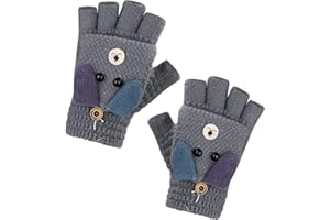 JIAHG Kinder Halbfinger Handschuhe Fingerlose Fäustlinge Mädchen Winter Cartoon Fingerhandschuhe Strickhandschuhe Thermohandschuhe mit Klappe
