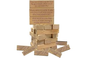 ALLWYOU 54Pcs Ice Breaker Questions Tumbling Tower Game Mini Wooden Stacking Brick Blocks for Adults Travel Size Interactive Stacking Brick Game with Questions for Party Classic Games for Family