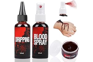 PTESUPLY Kunstblut Set, 60ml Kunstblut Spray und 60ml Tropfendes Kunstblut und 40ml Wundschorf Kunstblut, Halloween Waschbar Kunstblut Make-up für Kleidung, Zombie, Vampir Cosplay & Dress Up