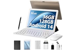 FLYCOAY Tablet 10 Inch Newest Android 14, Octa-Core 2.0GHz, 5G WIFI 6, 36GB RAM+128GB ROM (TF 1TB), Dual Camera, 8000mAh Battery/Widevine L1/Tablet With Keyboard, Case(Gold)