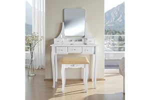 TecTake® Tavolino Da Toeletta con Specchio Girevole, Tavolo Da Trucco con 5 Cassetti, Scompartimento Cosmetici Removibile, Sgabello Imbottito, Mobile Make-Up, Toeletta Moderna