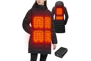 LIVONEST 12V Heizjacke Damen 20000mAh Beheizte Lang Winterjacke mit 6 Heizbereichen, Dual-Zonen-Steuerung vorne & hinten, inkl. Powerbank, Schwarz