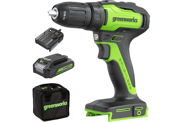 Greenworks Perceuse Visseuse Sans Fil GD24DD35K2 avec Moteur SANS BALAIS 0-1450 tr/min, 2 Engrenages, Couple de 35 Nm, Batterie 24V 2Ah et Chargeur, Sac, Garantie de 3 Ans